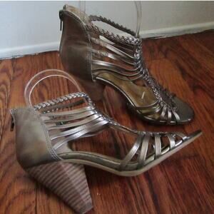 Gold Leather Gladiator Sandals Size 6 Strappy 3.5in Wood Heel Back Zip Moto Boho